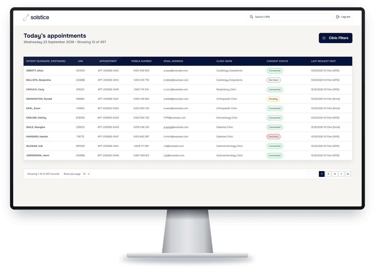 Solstice web portal showing today's appointments and consent status